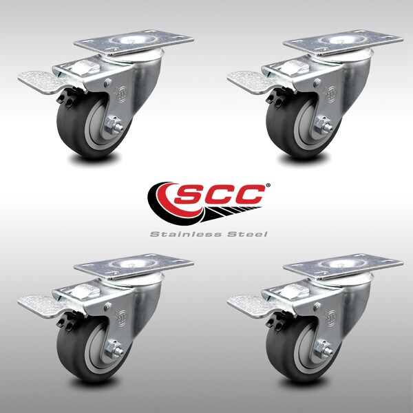 3 Inch SS Thermoplastic Rubber Swivel Top Plate Caster Set Total Lock Brake SCC
